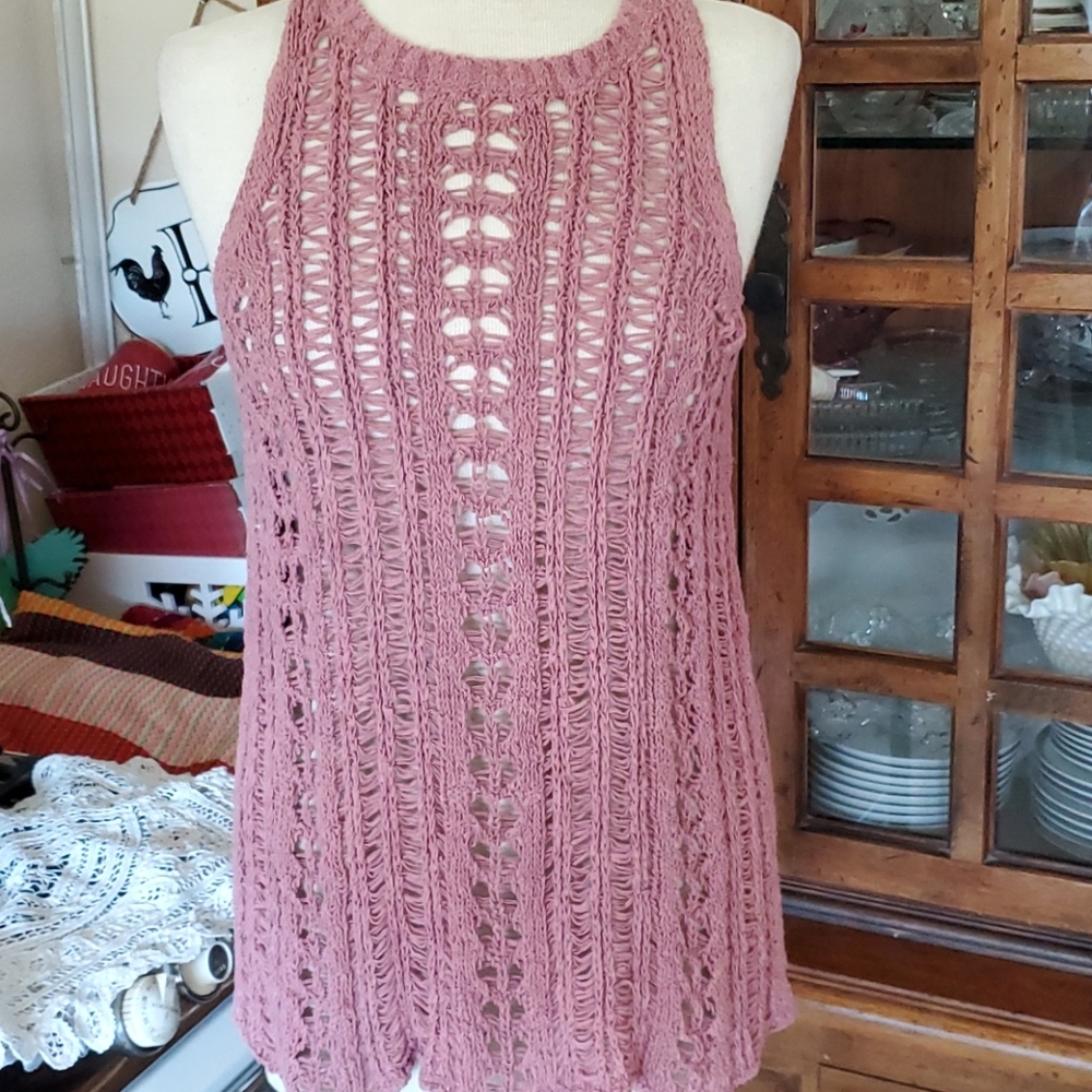 American Eagle Outfitters Pink Crochet Halter Tank Top